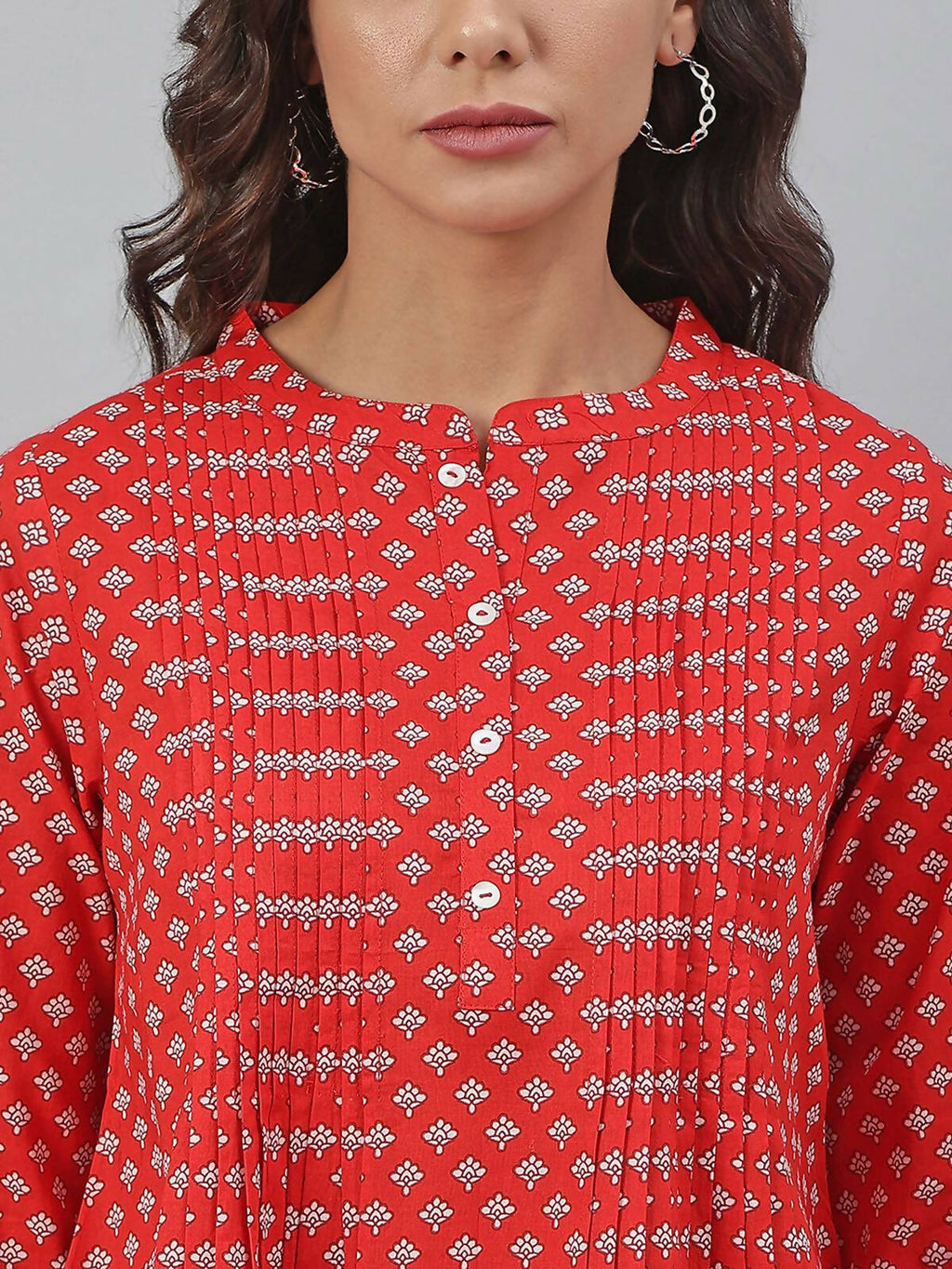 Janasya Women's Red Cotton Floral Print Flared Top