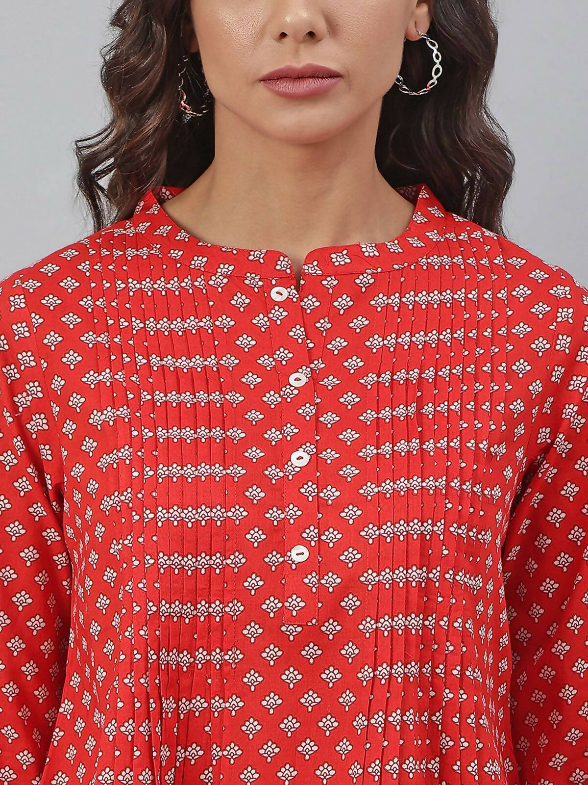 Janasya Women's Red Cotton Floral Print Flared Top
