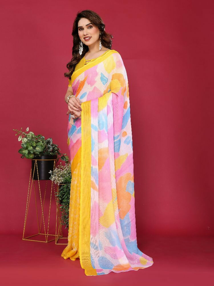 PR Fashion Yellow Moss Chiffon Printed Saree