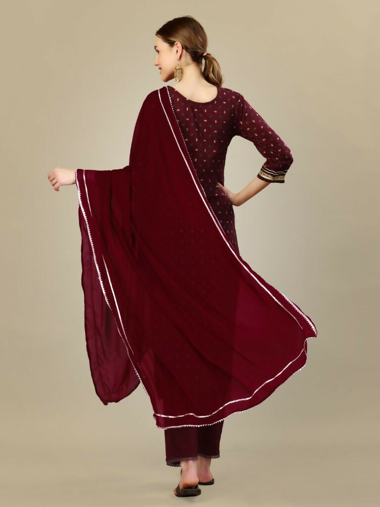 Jyoti Fashion Women's Maroon Silk Blend Embroidery & Sequence work Kurta with Trouser & Dupatta