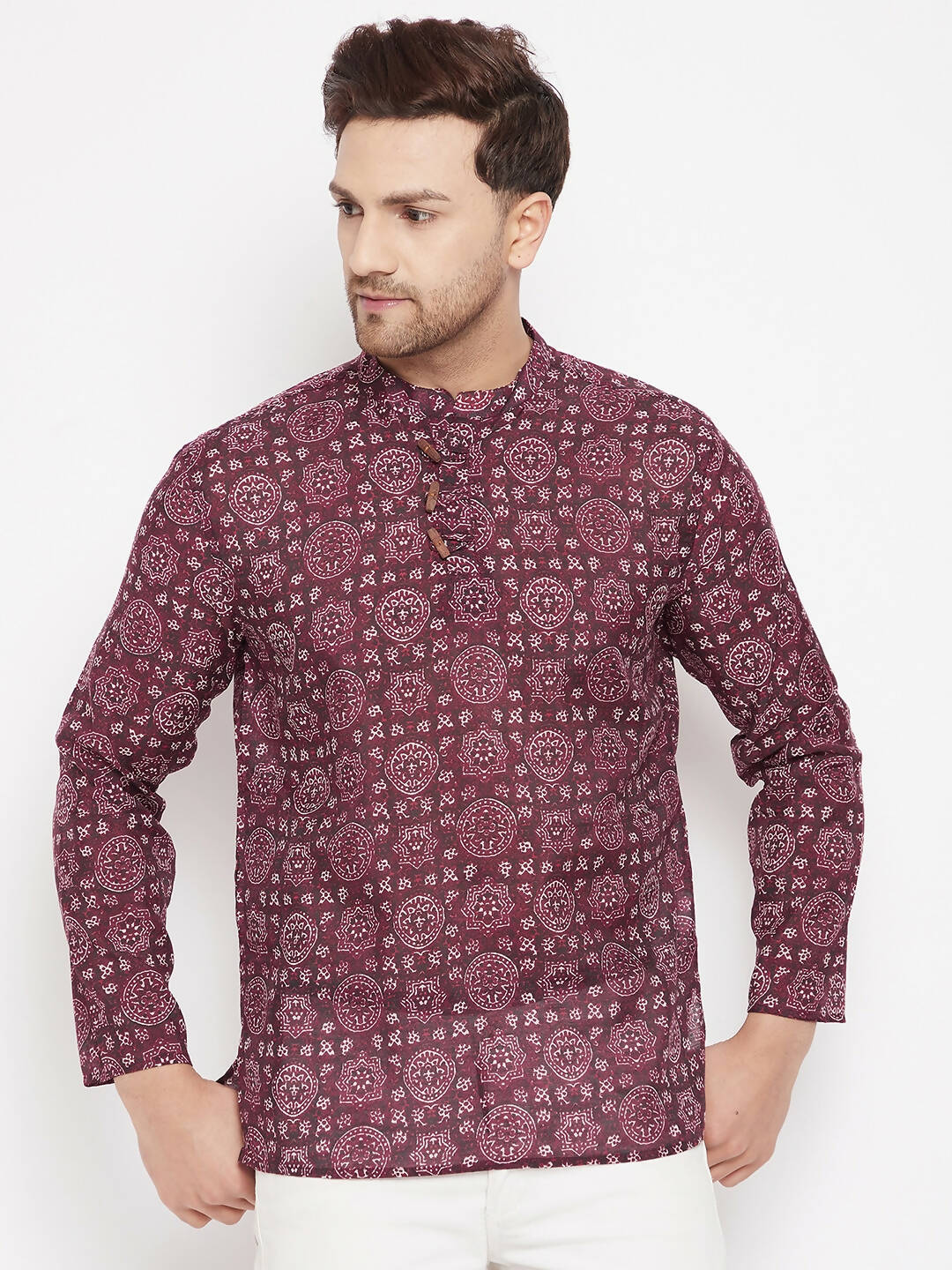 Even Apparels Maroon Pure Cotton Men's Kurta With Slit Neckline
