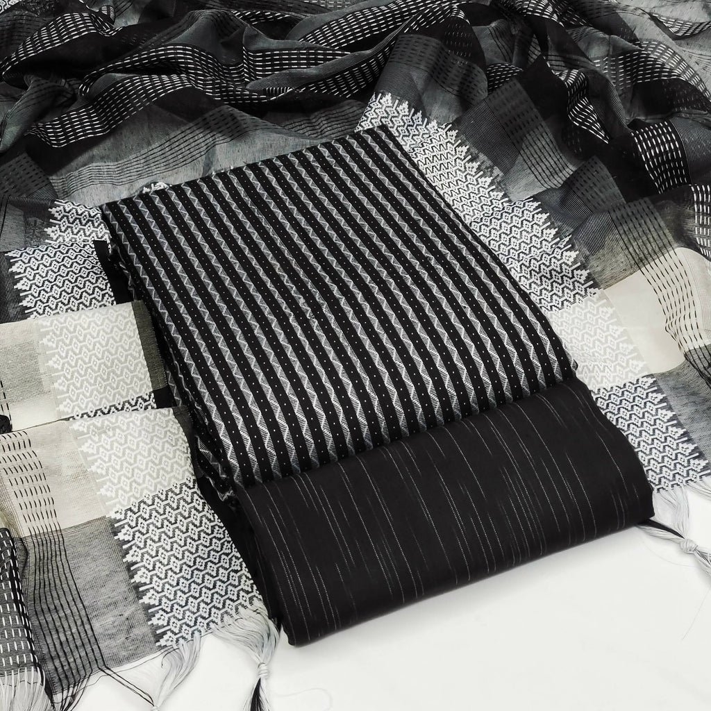 Black Cotton Jacquard Woven Unstitched Dress Material - Amara