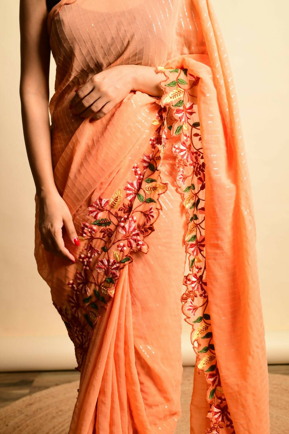 Vamsee Orange Georgette Designer Saree