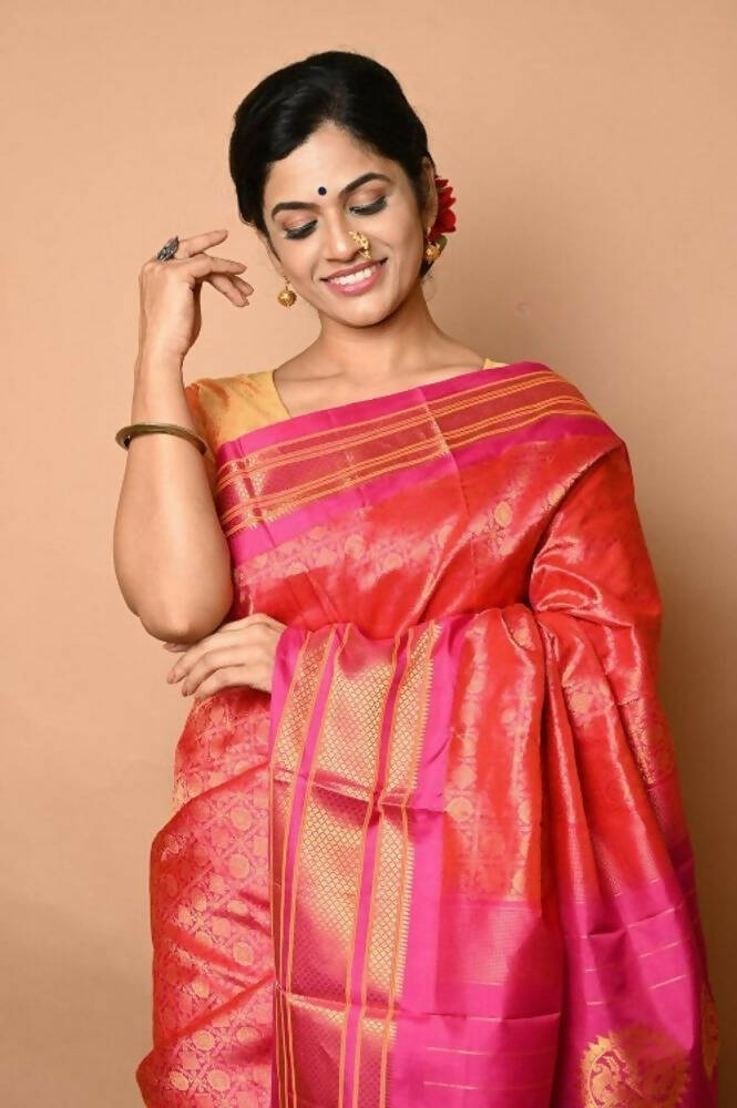 Very Much Indian Silk Handloom Maharani Paithani Complete Brocade Work Throughout Saree Peach Pink