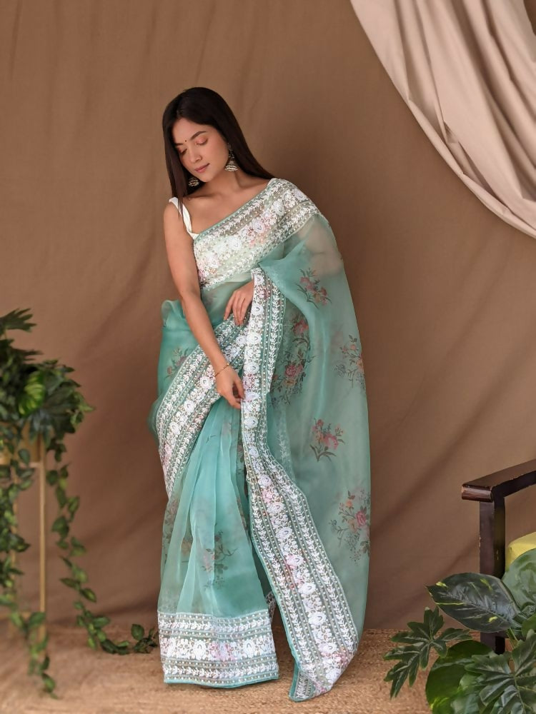 Vamsee White Border C-Green Organza Saree
