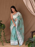 Vamsee White Border C-Green Organza Saree