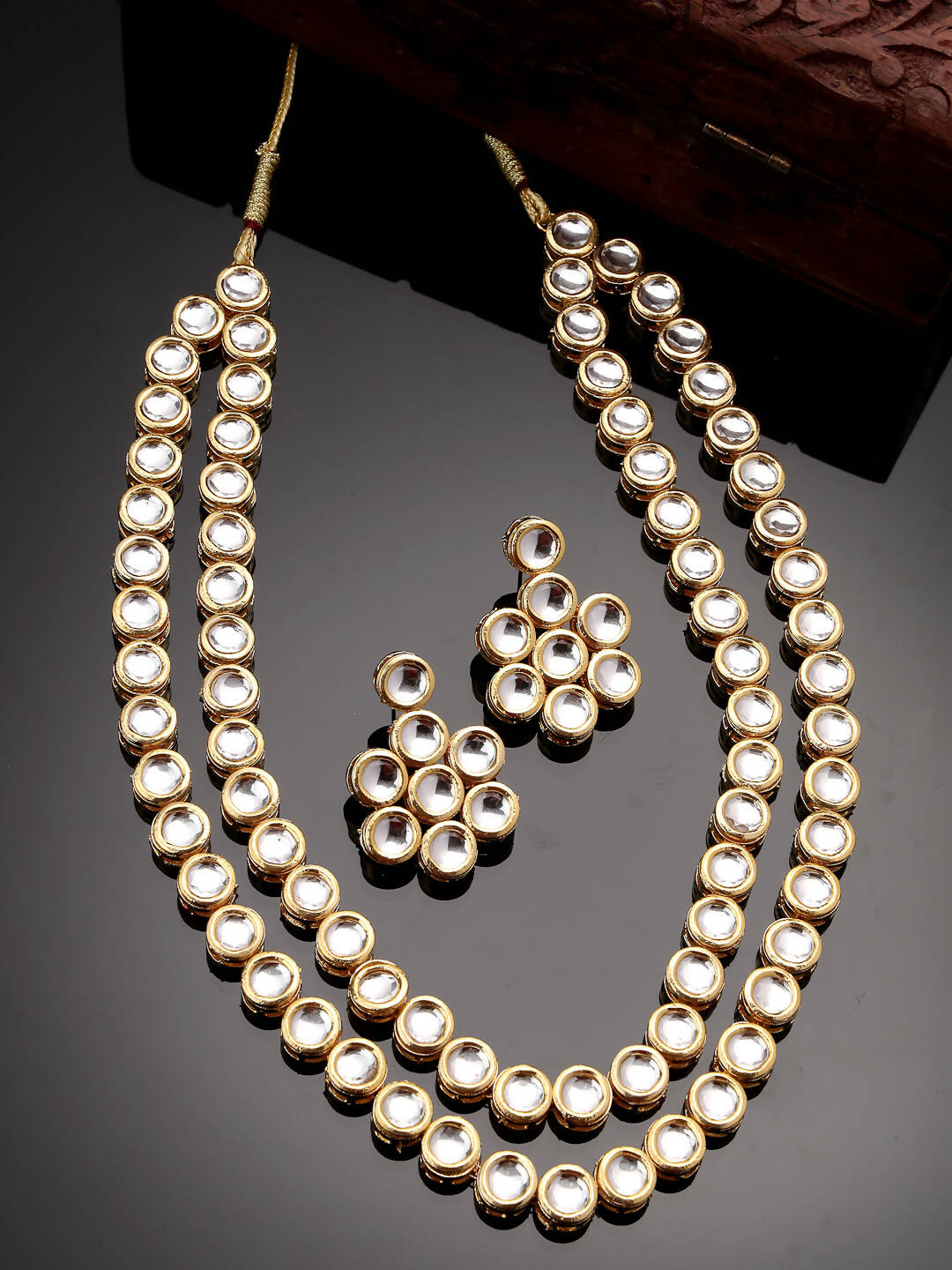 NVR Women's Gold-Polished Kundan 2 Layered Handcrafted Jewellery Sets With Drop Earrings