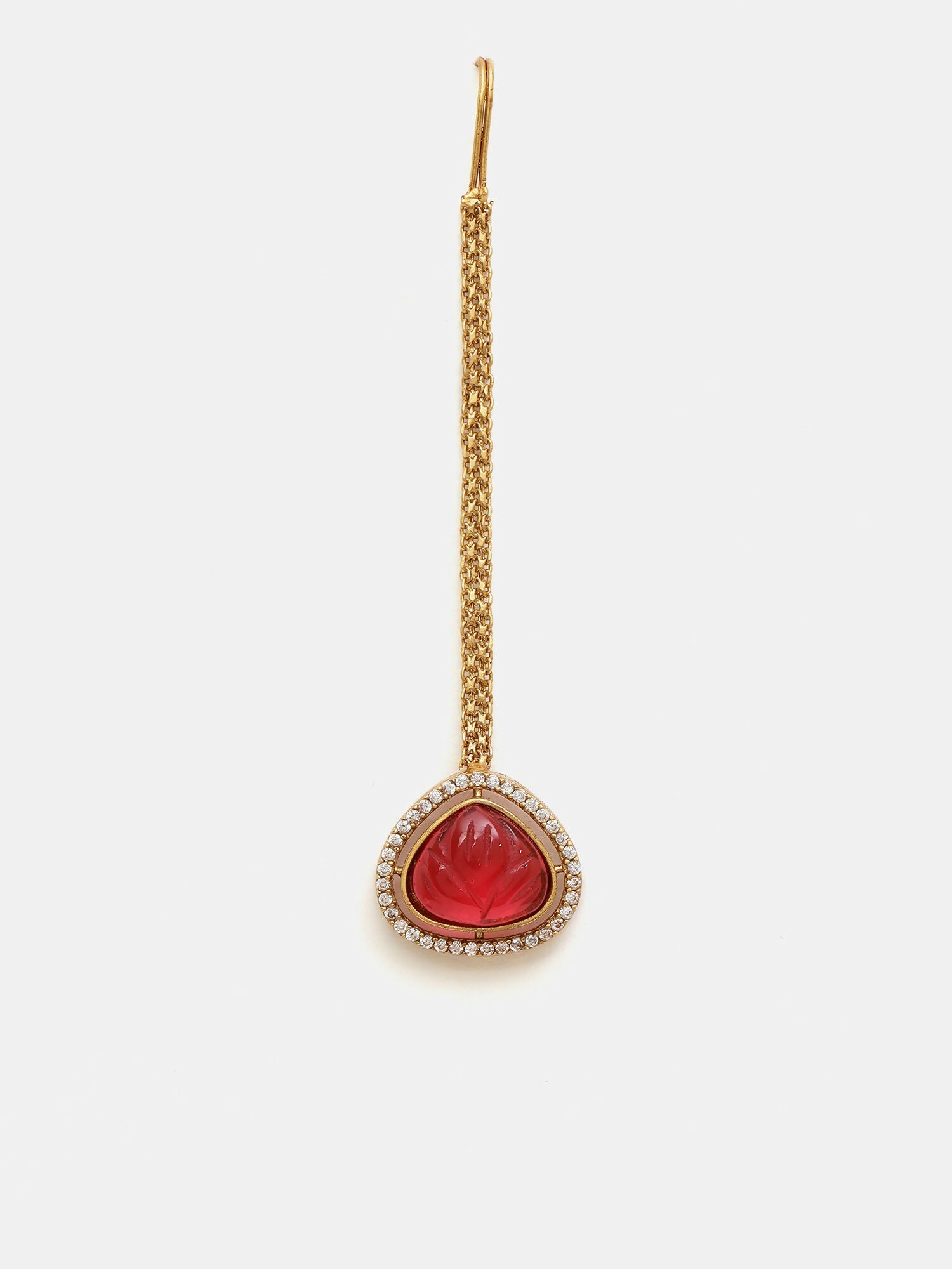 Ruby Raang Gold Polished Maroon Stone Kundan Maang Tikka