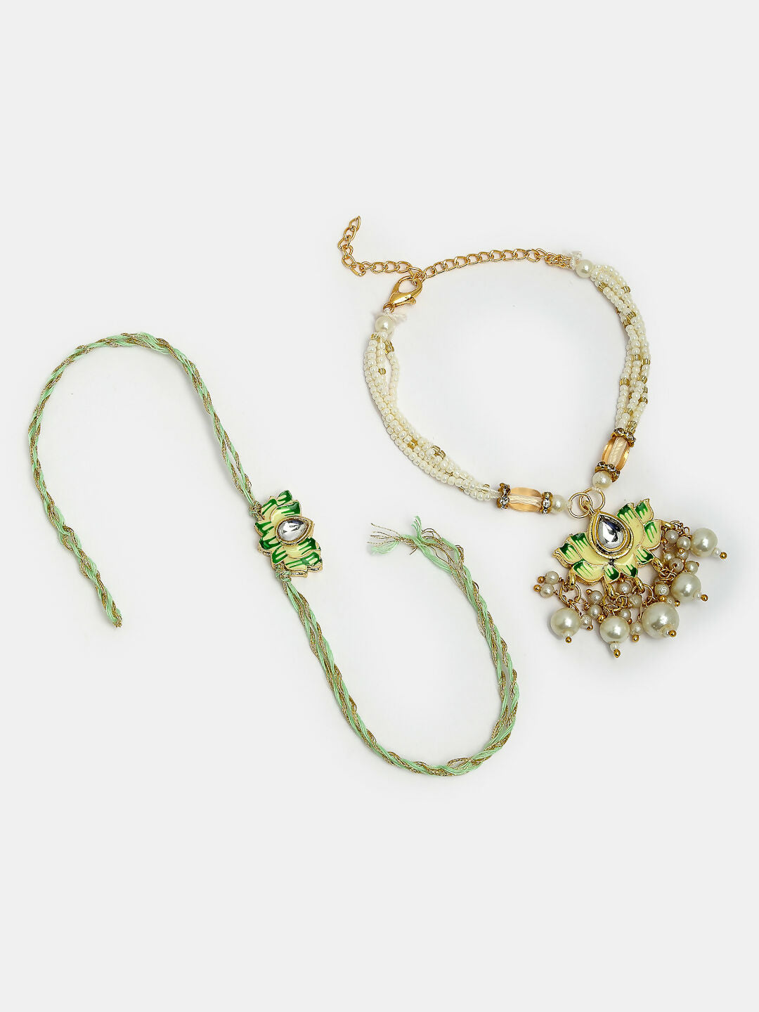 NVR Women & Men Set of 2 Green Lotus Shape Kundan-Studded & Beaded Wraparound Rakhi Set With Roli Chawal & Chocolate