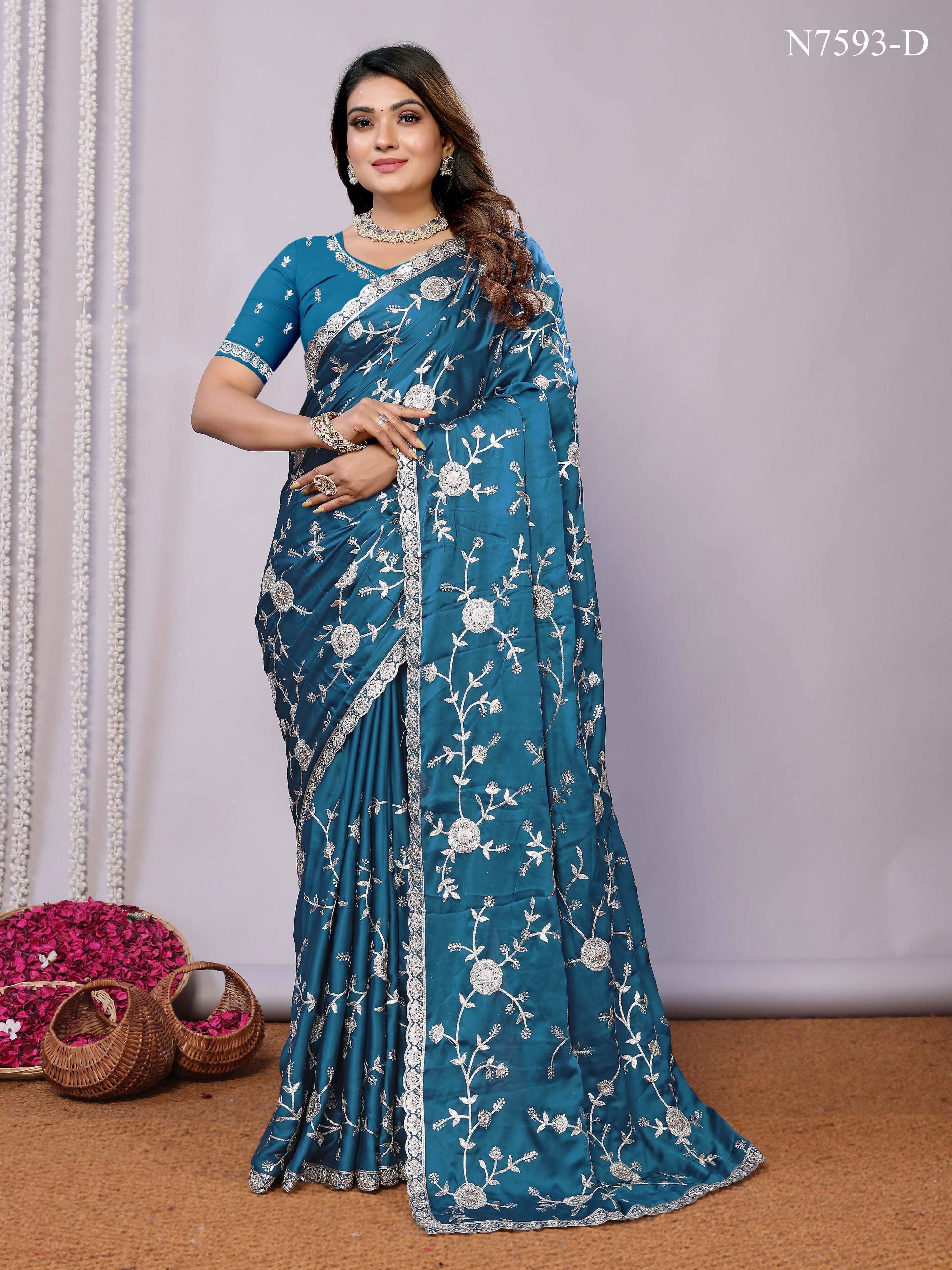 Blue Pure Satin Embroidered Saree With Stitched Blouse - Nimaya Kaksha