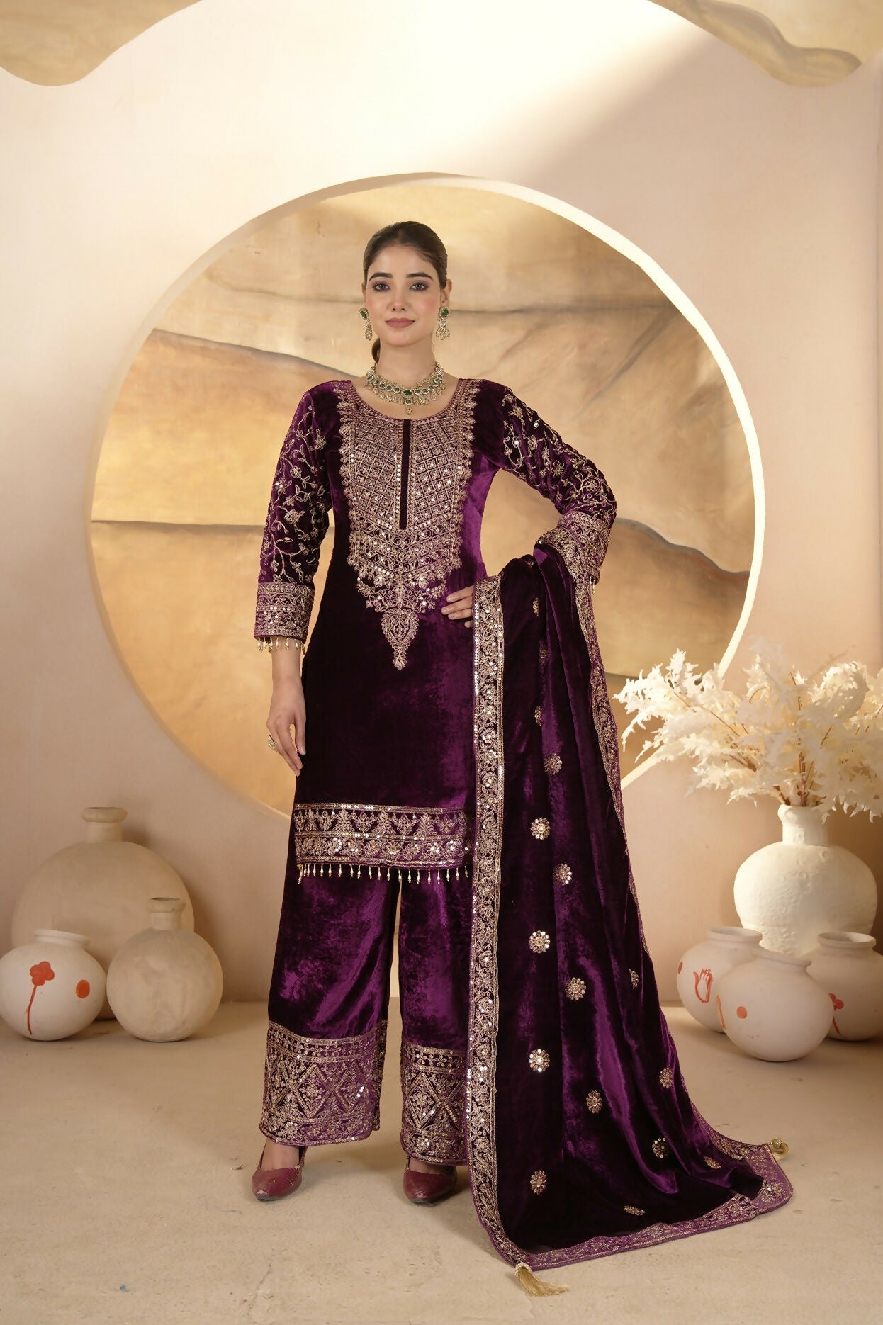 Joban Fashion Wine Velvet Sequence Embroidery Work Kurta Set