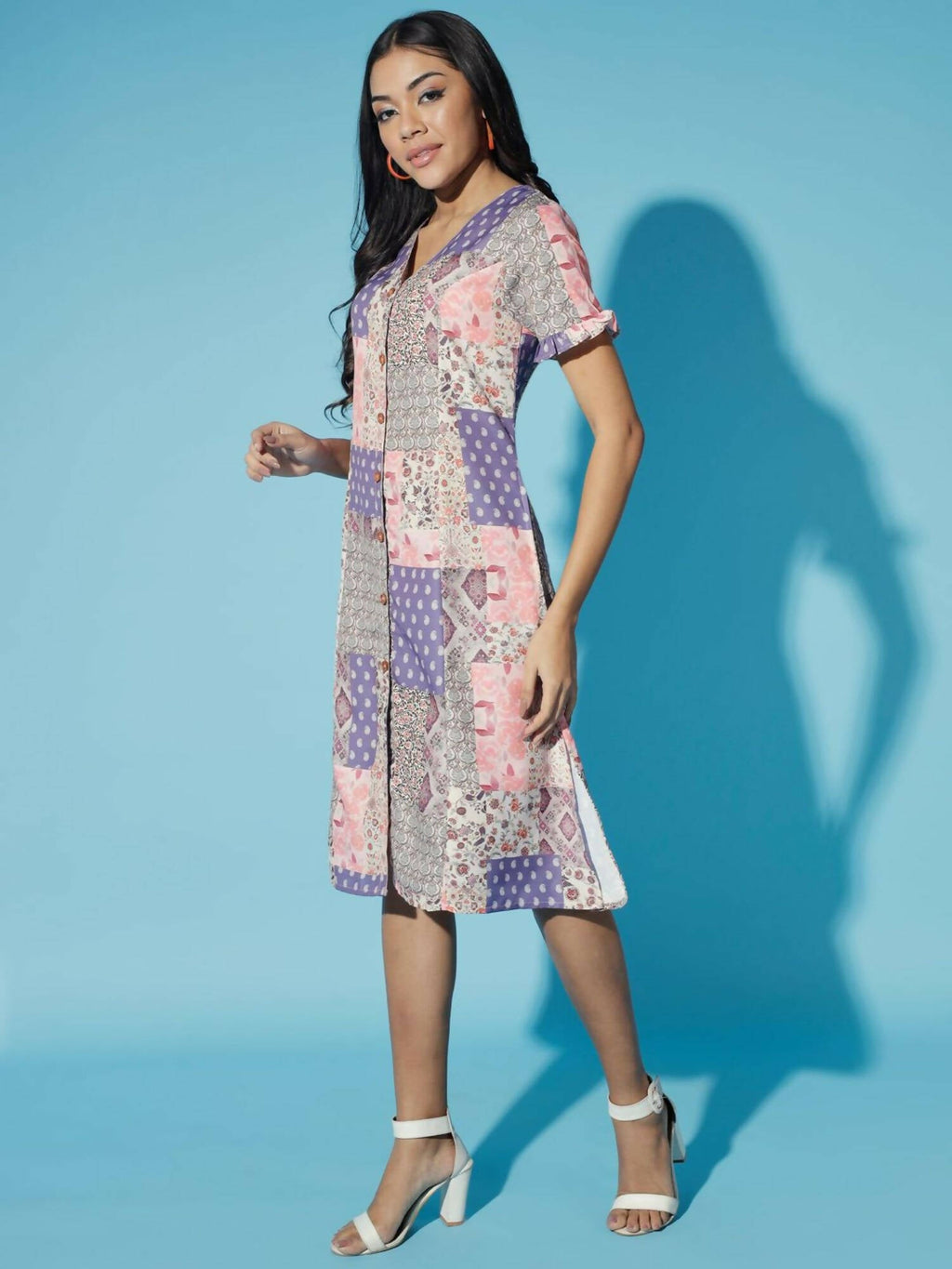 Myshka Women Multi-Geometric Rayon A-Line Round Neck Dress