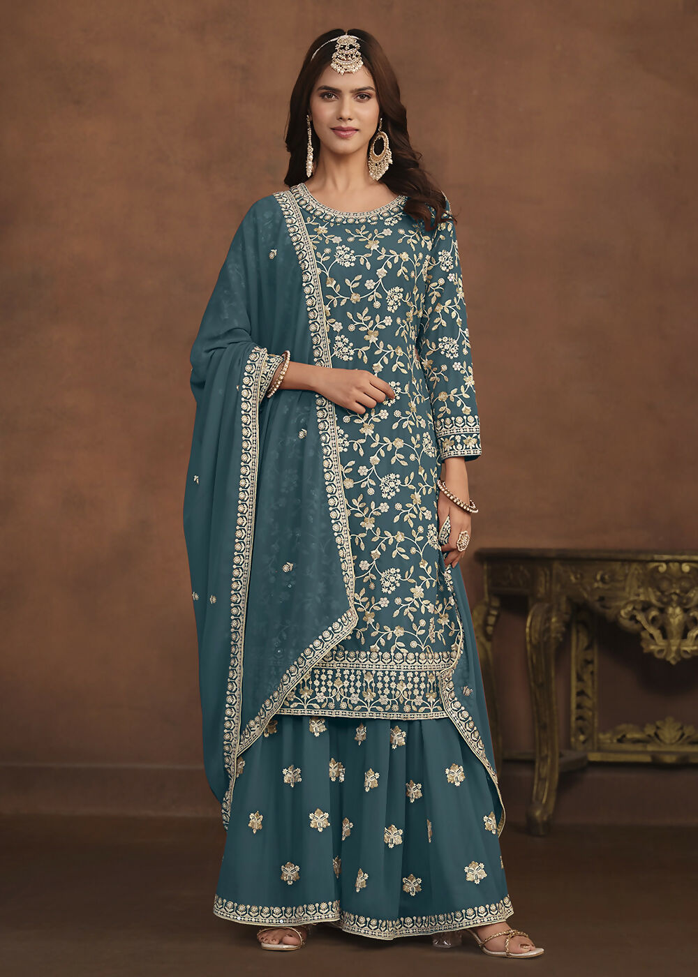Faux Georgette Teal Blue Embroidered Festive Salwar Suit - Emponline
