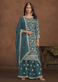 Faux Georgette Teal Blue Embroidered Festive Salwar Suit - Emponline