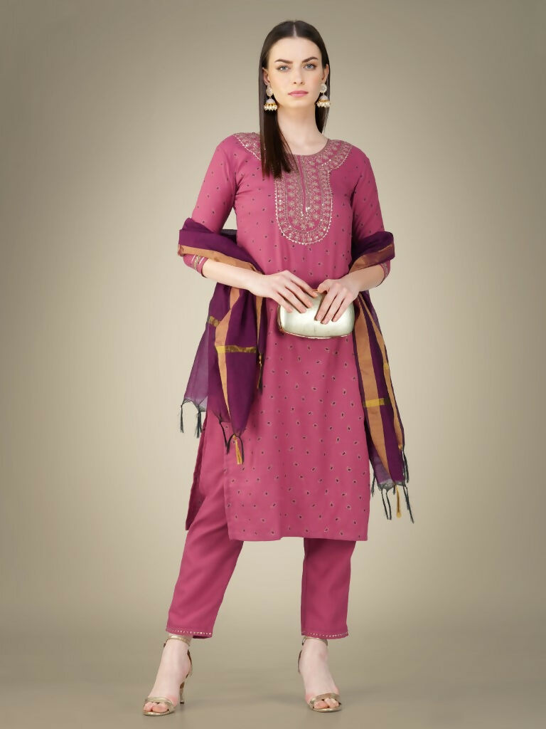 Jyoti Fashion Women's Wine Cotton Magic Slub Embroidery & Sequence work Kurta with Trouser & Dupatta
