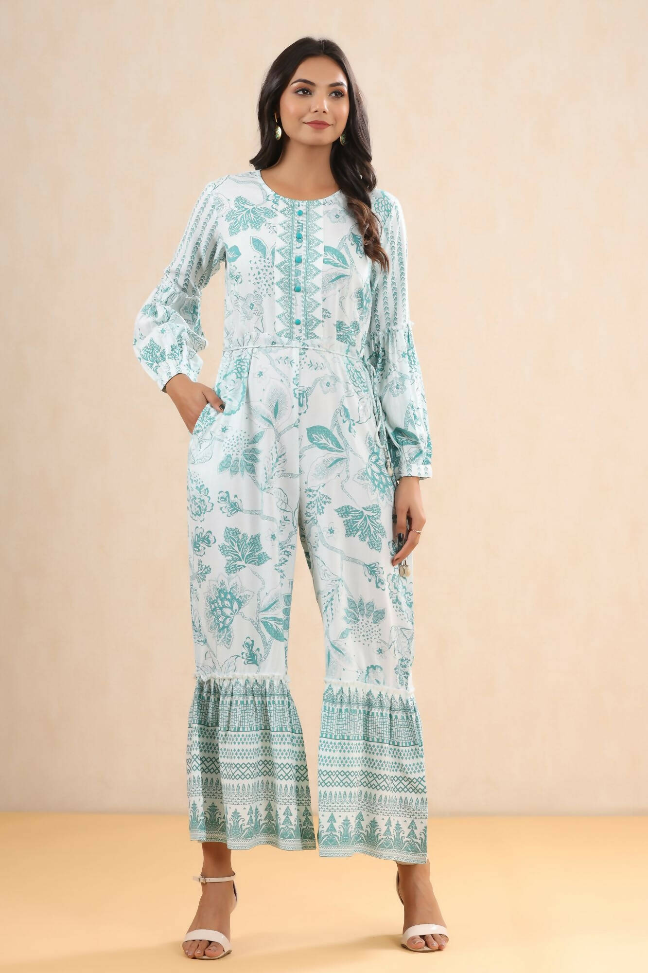 Juniper Women Teal Rayon Printed Straight Jumpsuit