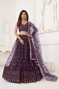 Eilara Women'S Dusty Wine Butterfly Net With Tone Thread Work And Sandwich Embroidered Work Lehenga Choli For Wedding
