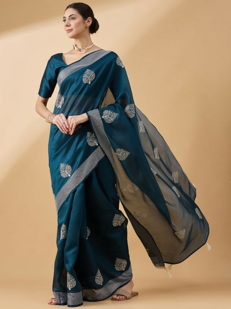 Teal Cotton Blend Thread Embroidered Saree with Unstitched Blouse - Satya