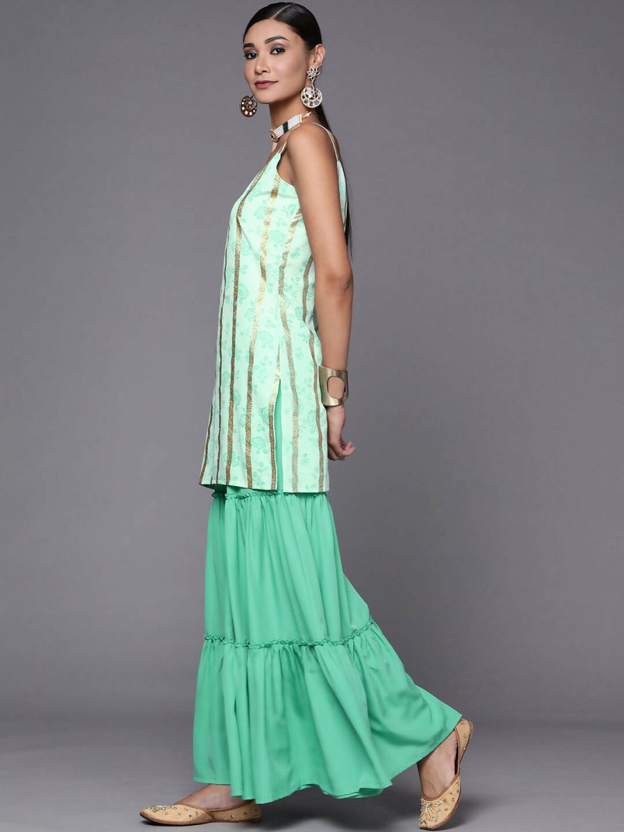 Ahalyaa Blue & Gold Floral Printed & Striped Straight Kurti with Sharara