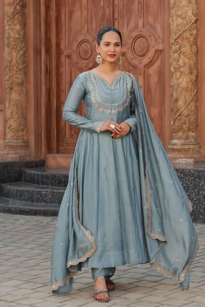The52 Teal Blue Women's Gorgeous Vichitra Silk Fabric Embroidered Work Flared Anarkali Pant and Dupatta Set