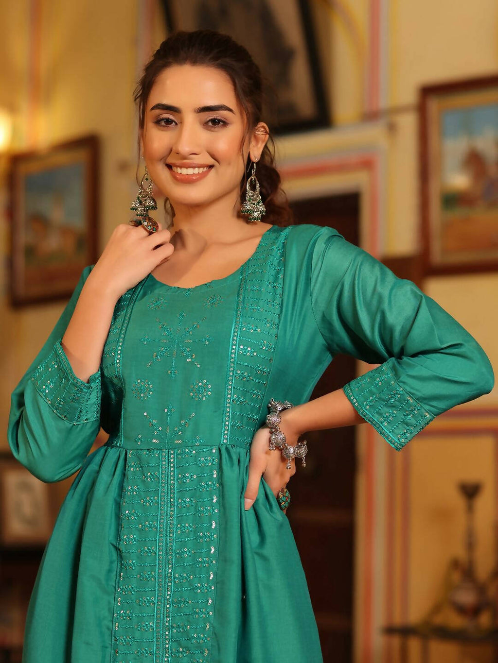 Juniper Women's Teal Festive Embroiderd Flared Dress