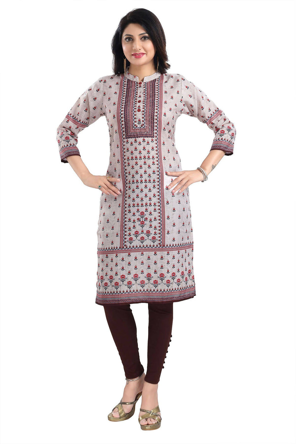 Snehal Creations Charming Cream Digital Print Cotton Slub Long Kurti Tunic