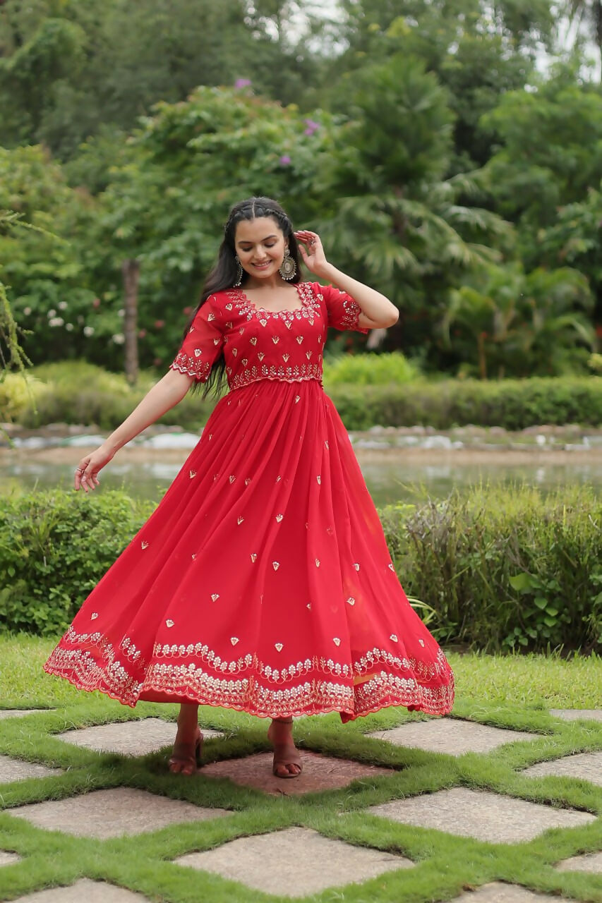 Vastranavya Premium Designer Faux Blooming with Embroidery Zari Sequins work Gown - Red