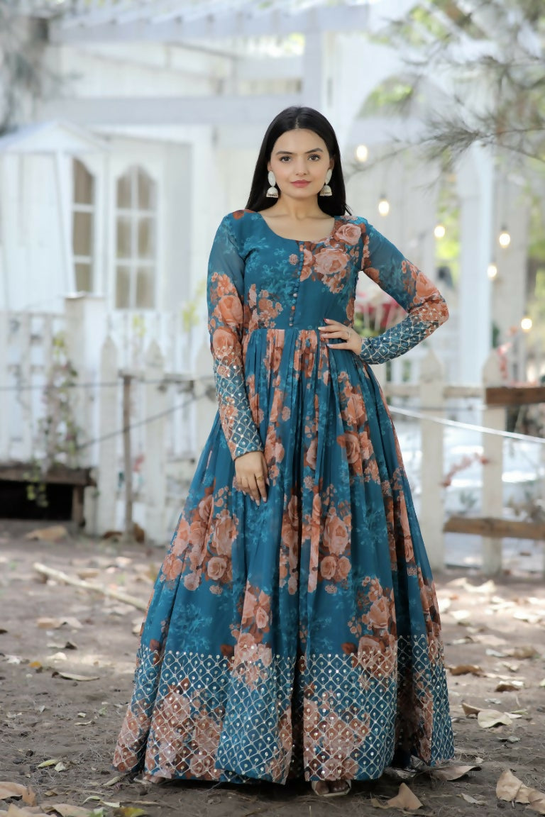 Jyoti Fashion Women's Teal Sequence Zari Embroidered Faux Georgette Anarkali Dress