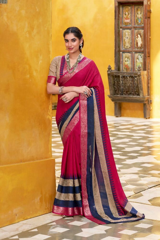 PR Fashion Pink Poly Cotton Printed With Zari Weaving Work Saree