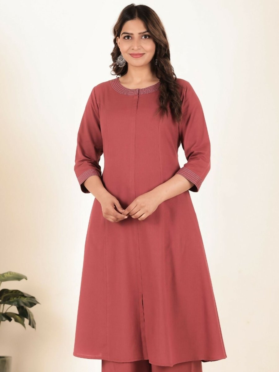 Aramya Pink Linen Cotton Solid A-line Kurta for Women