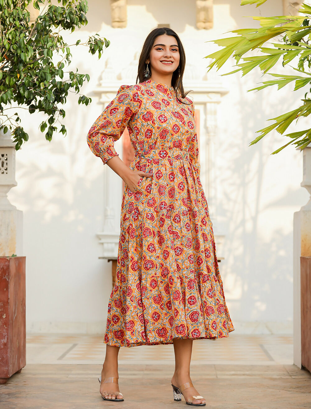 Kaajh Women's Yellow-Red Floral Hand Block Print Cotton Dress