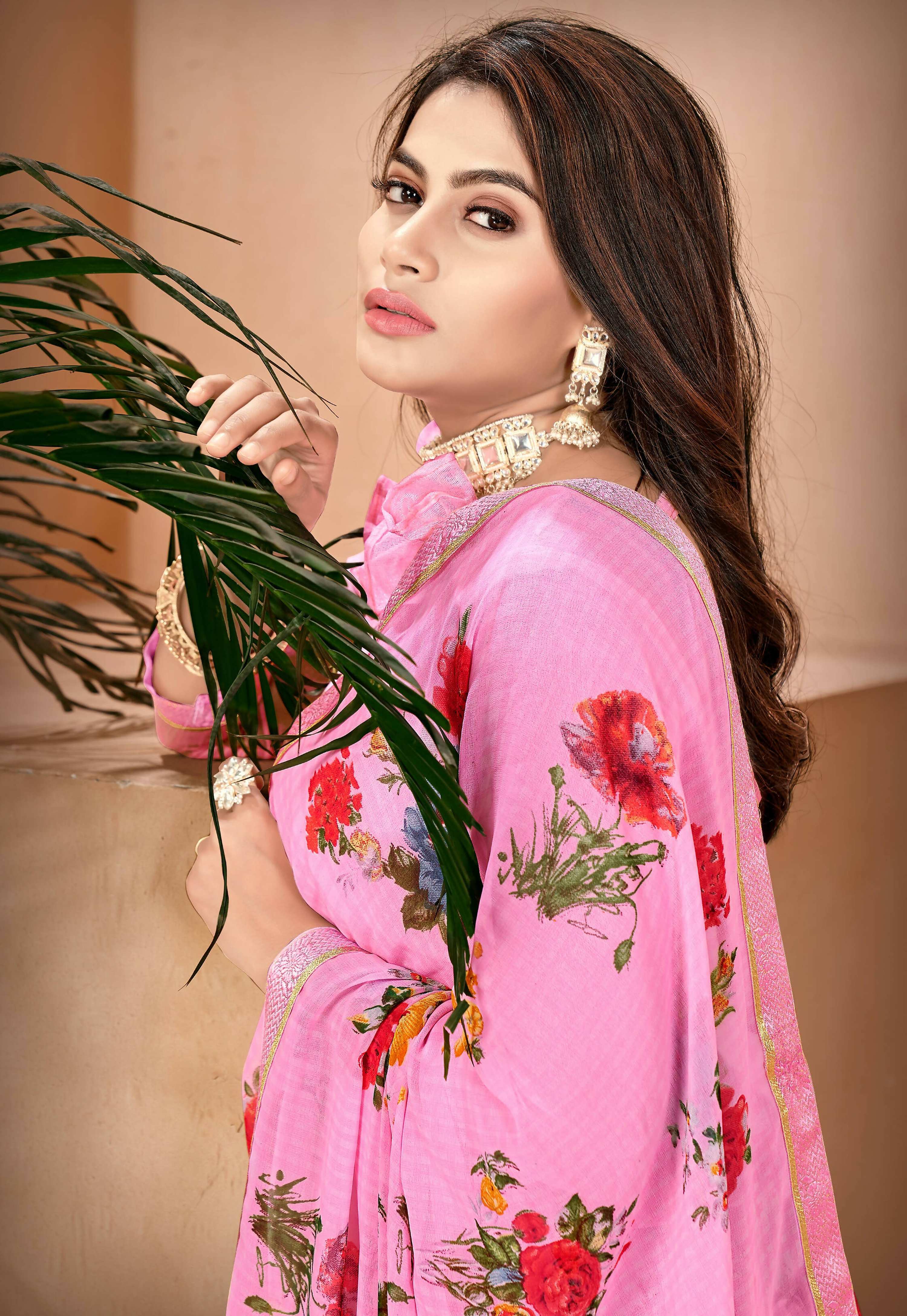 Pink Georgette Floral Printed Saree With Unstitched Blouse Piece - Jyoti