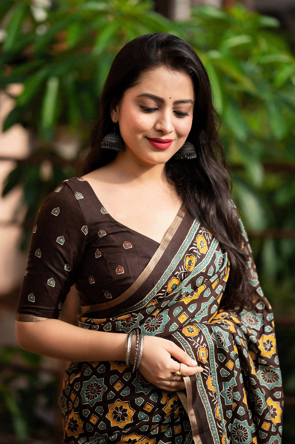 Coffee Cotton Blend Ajrak Saree with Unstitched Blouse - Hiral Fashion