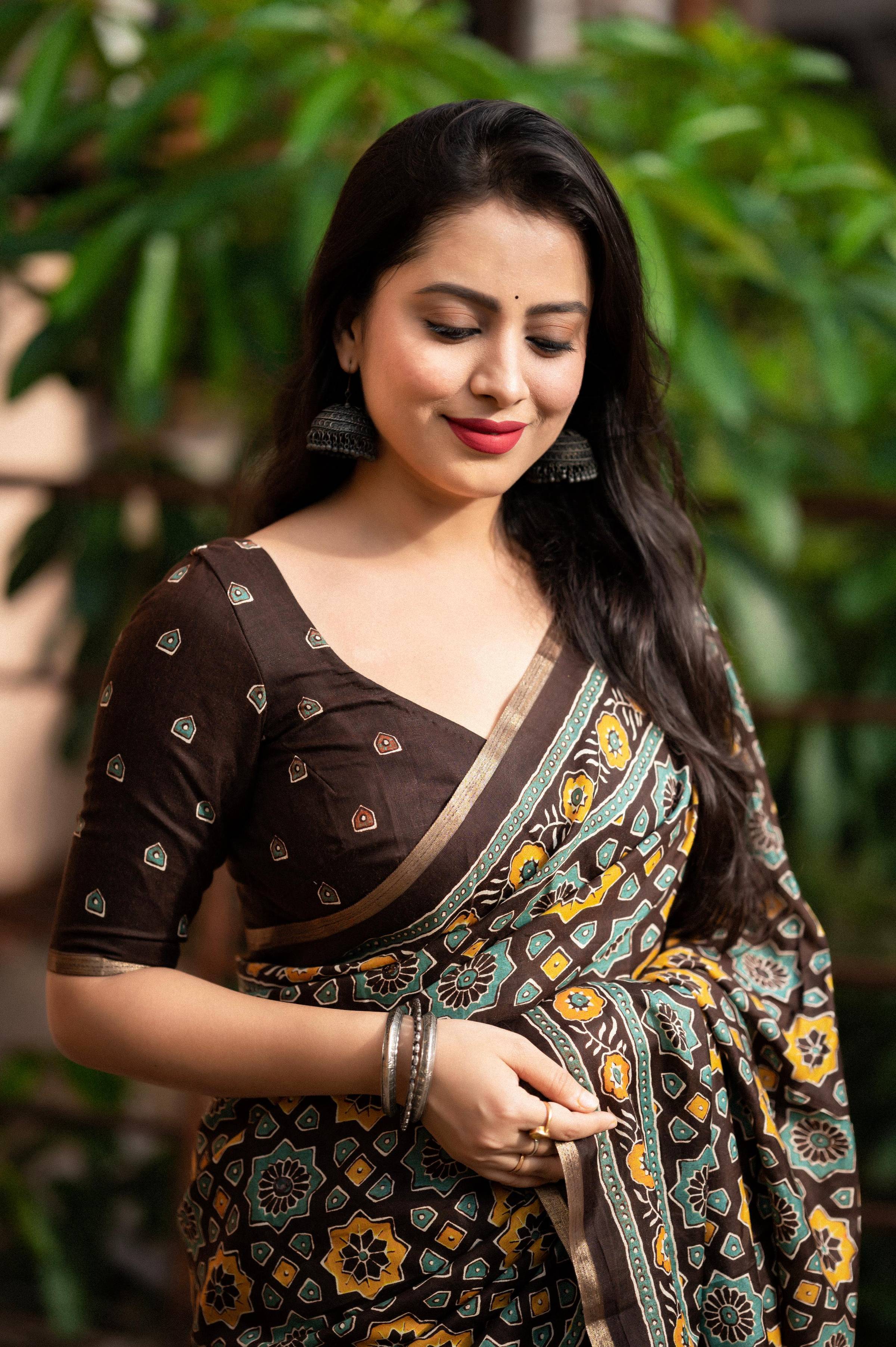 Coffee Cotton Blend Ajrak Saree with Unstitched Blouse - Hiral Fashion