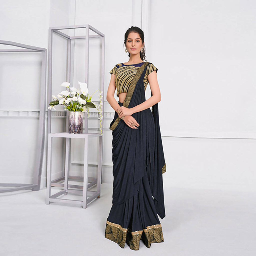 Navy Blue Lycra Cord And Sequins Embriodery Saree - Mohmanthan Izzara