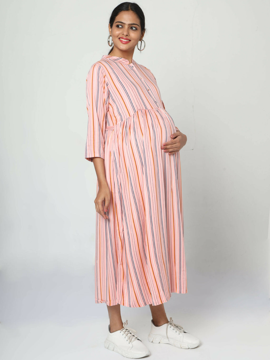 Manet Three Fourth Maternity Dress Strip Print With Concealed Zipper Nursing Access - Pink