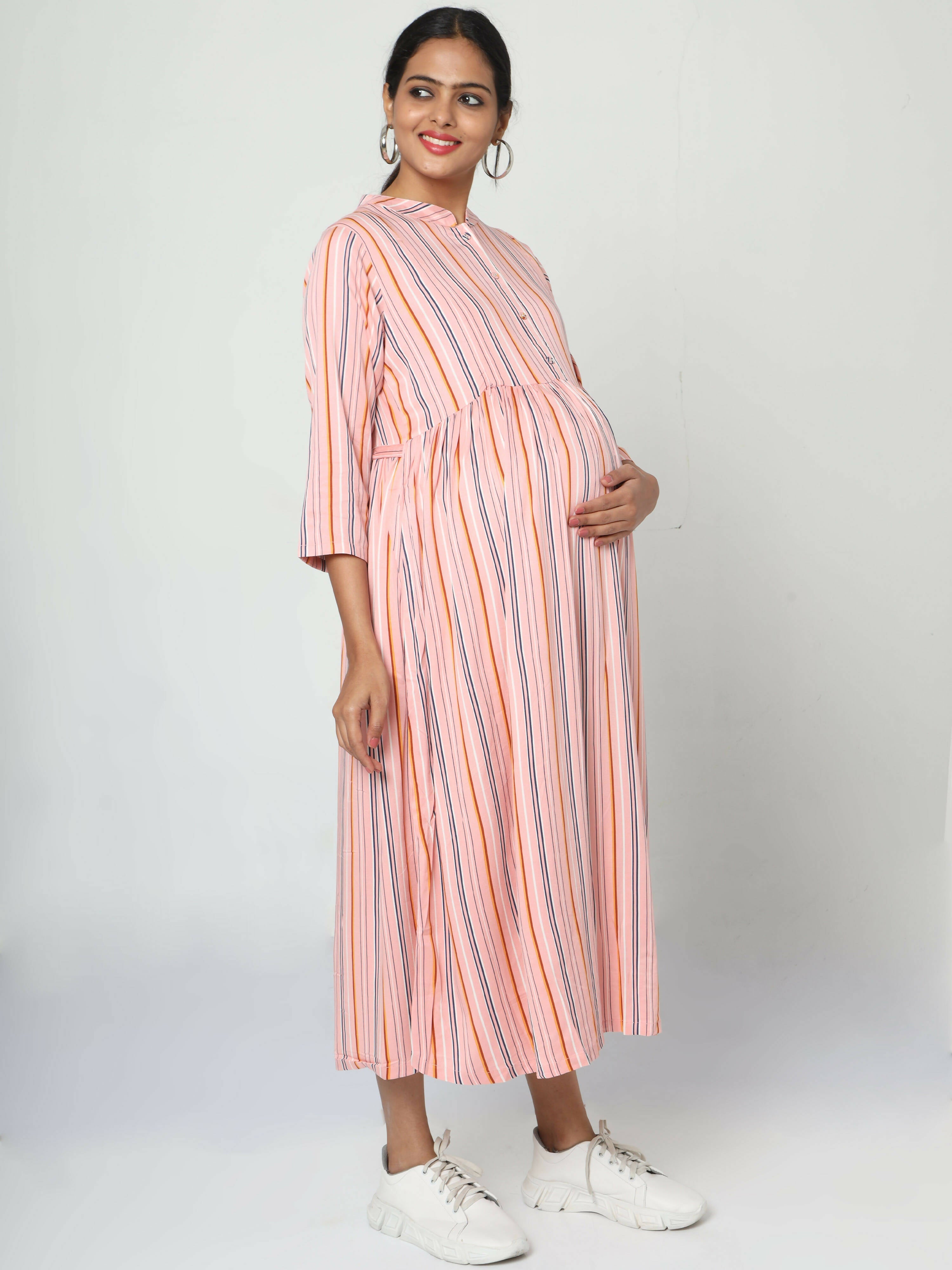 Manet Three Fourth Maternity Dress Strip Print With Concealed Zipper Nursing Access - Pink