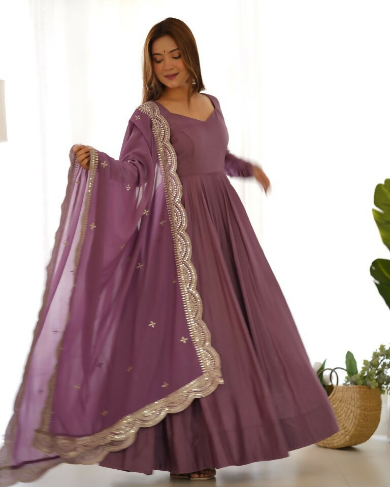 Teeya Creation Mauve Color Pure Roman Silk Chanderi Party Wear Fully Stitched Gown
