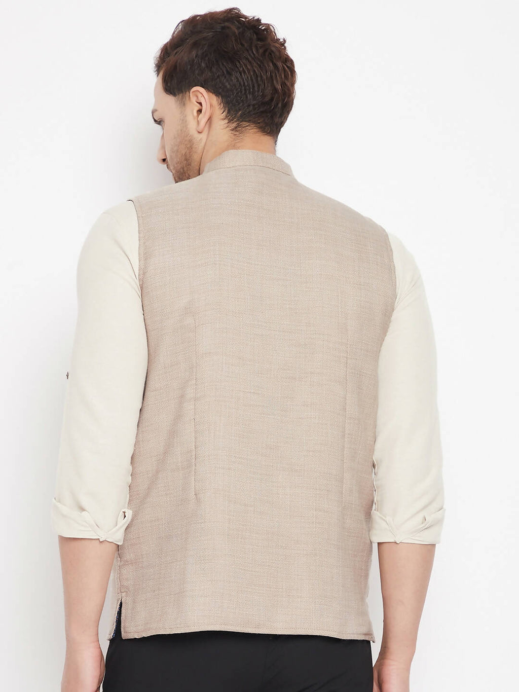 Even Apparels Cream Linen Men's Nehru Jacket-Contrast Lining-Inbuilt Pocket Square