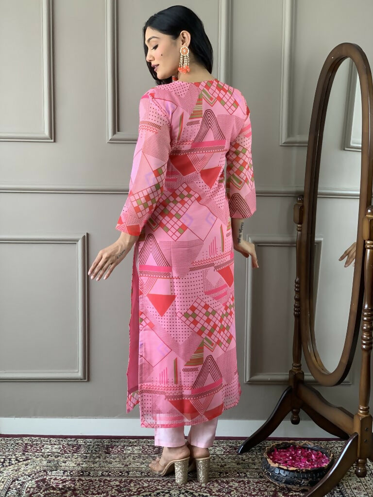 Multi Pink Viscose Chanderi Stitched Suit With Dupatta - Tanisha
