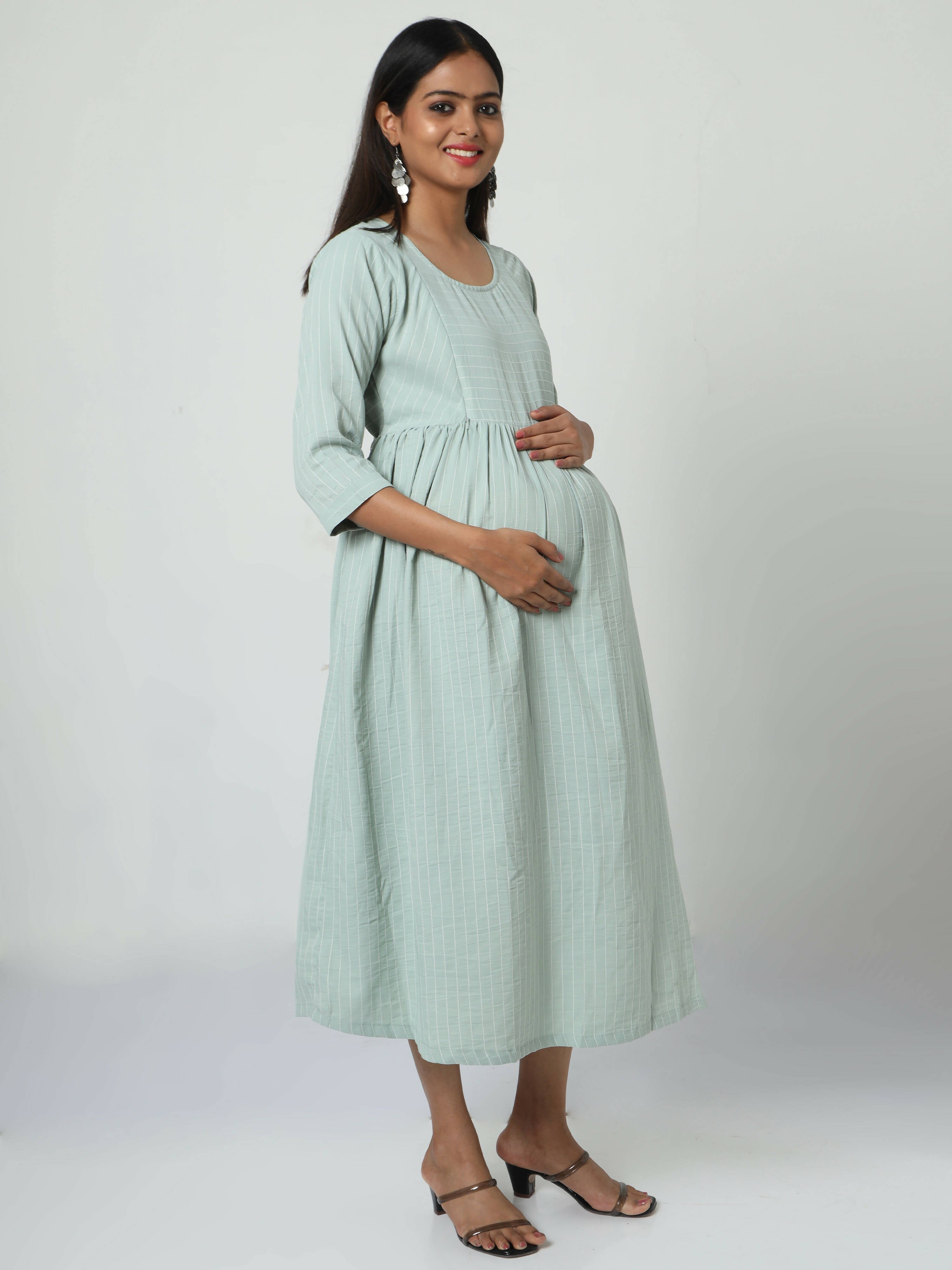 Manet Three Fourth Maternity Dress Striped With Concealed Zipper Nursing Access - Pista Green
