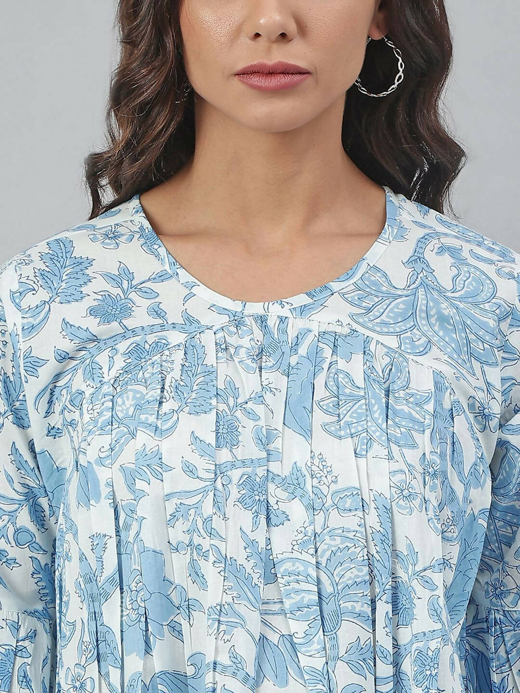 Janasya Women's White Cotton Floral Print Tiered Top