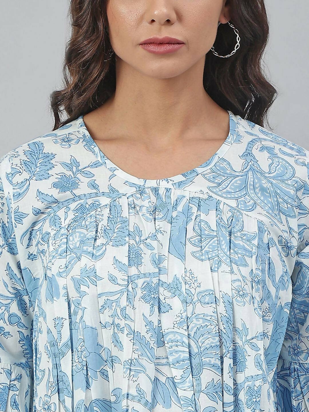 Janasya Women's White Cotton Floral Print Tiered Top