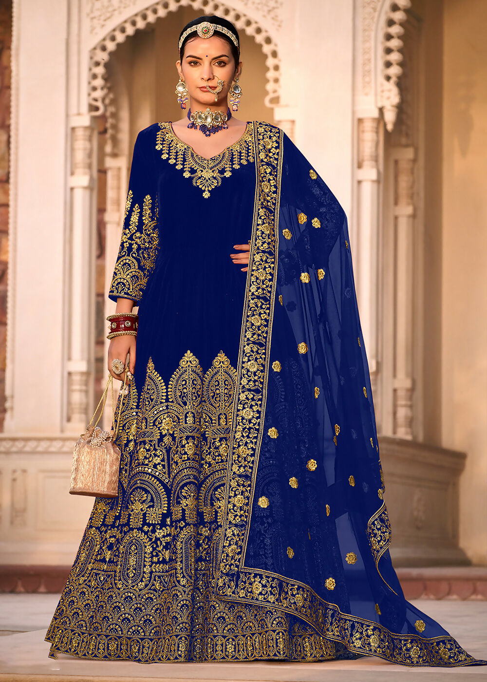 Blue Velvet Front & Back Embroidery Wedding Anarkali Suit - Emponline