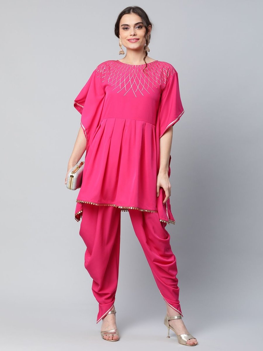 Ahalyaa Women Pink Crepe Glitter Printed Kurta with Dhoti Pants