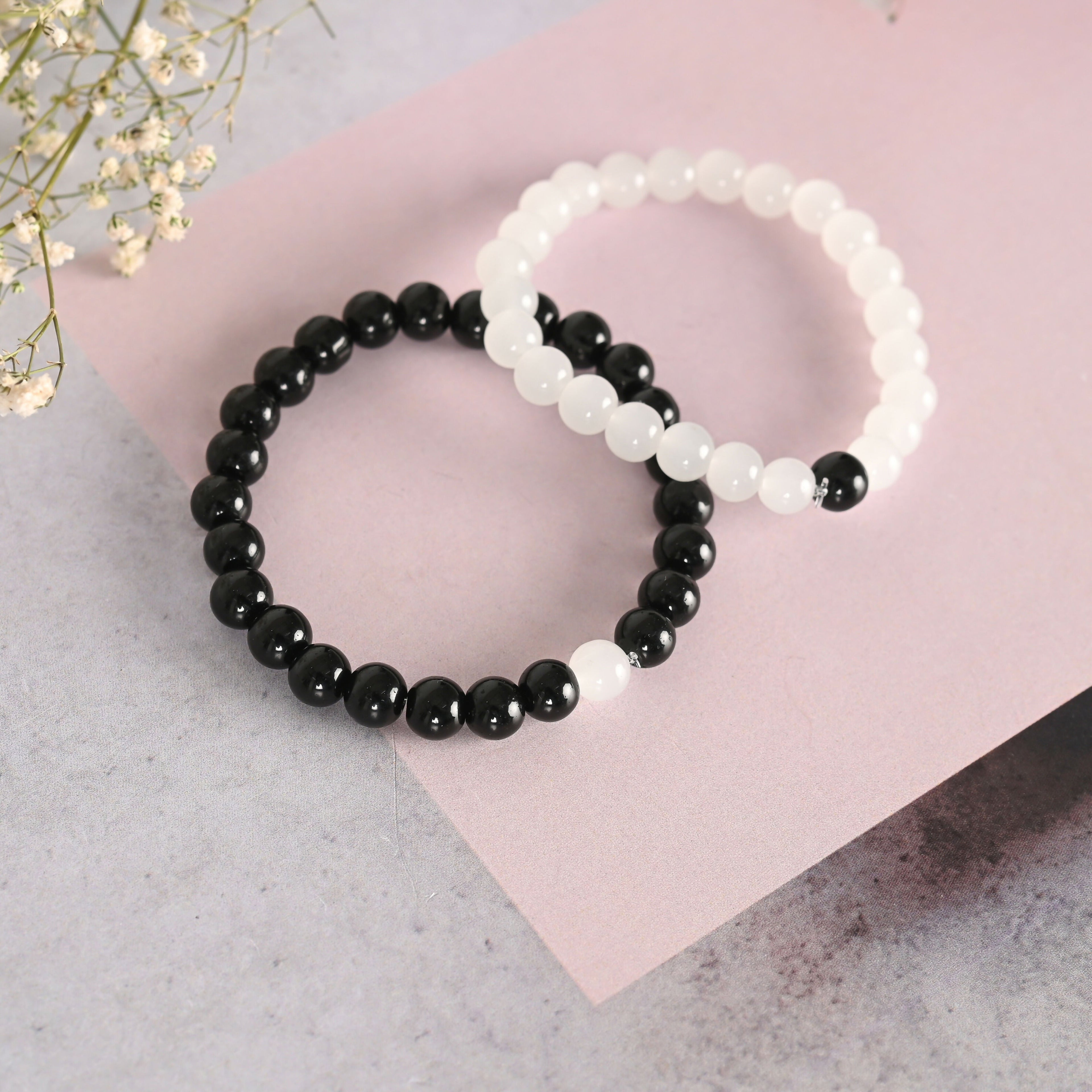 NVR Men & Women White & Black Marbel Crystal Elasticated Bracelet