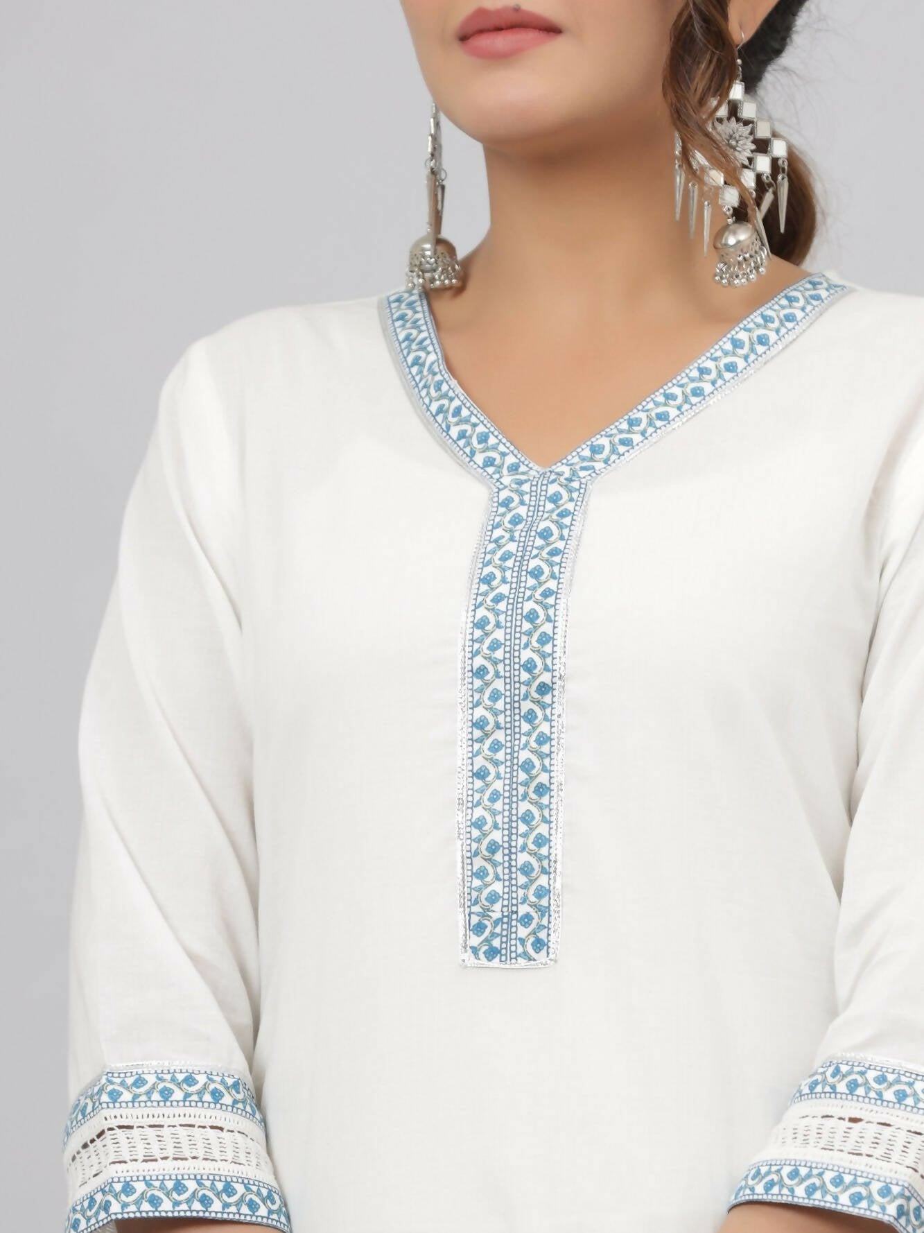 Juniper Women's White Cotton Cambric Solid Kurta Floral Printed Pant & Dupatta Set