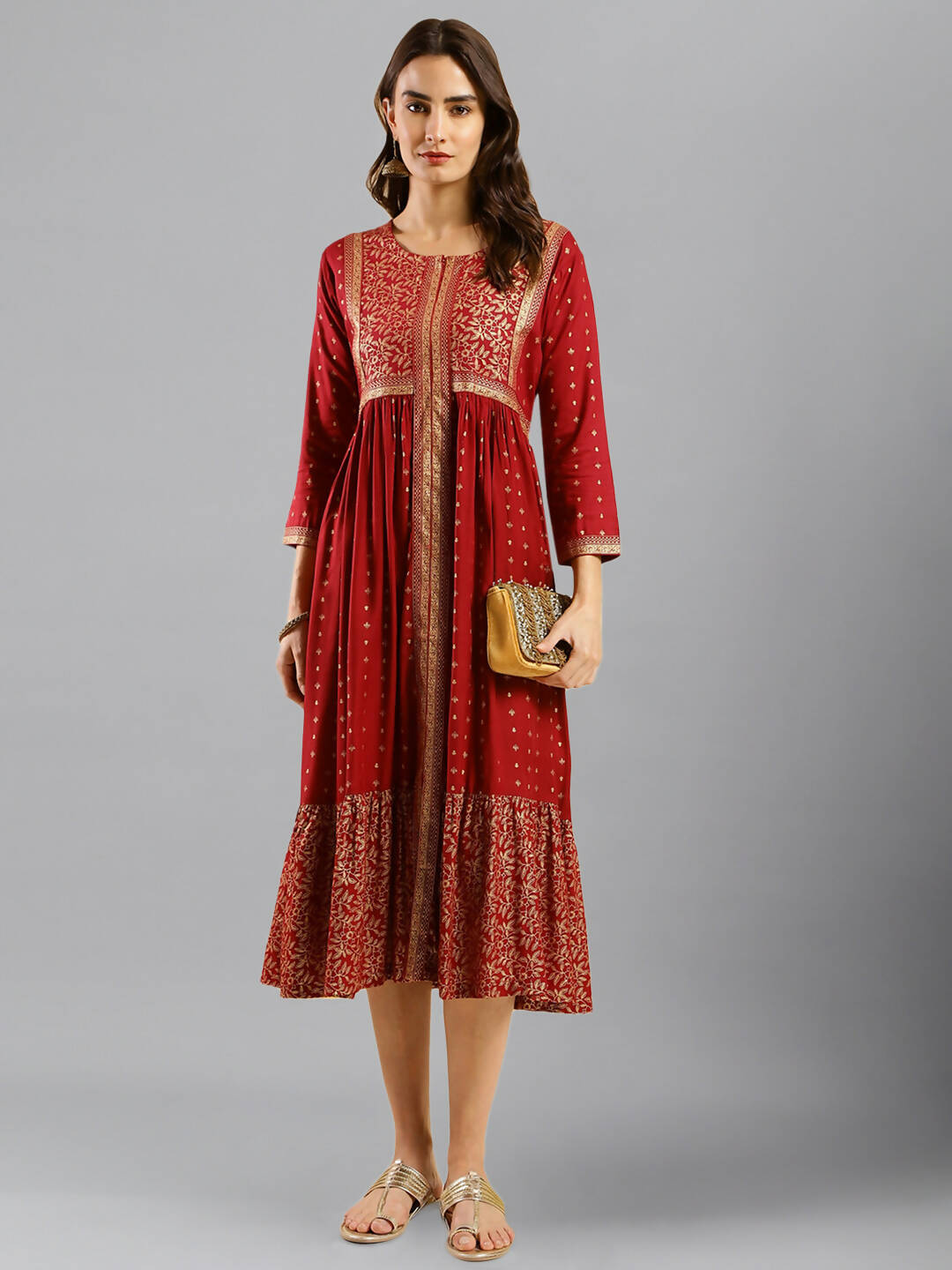 Maroon Viscose Rayon Ethnic Motifs Aline Dress - Poonam