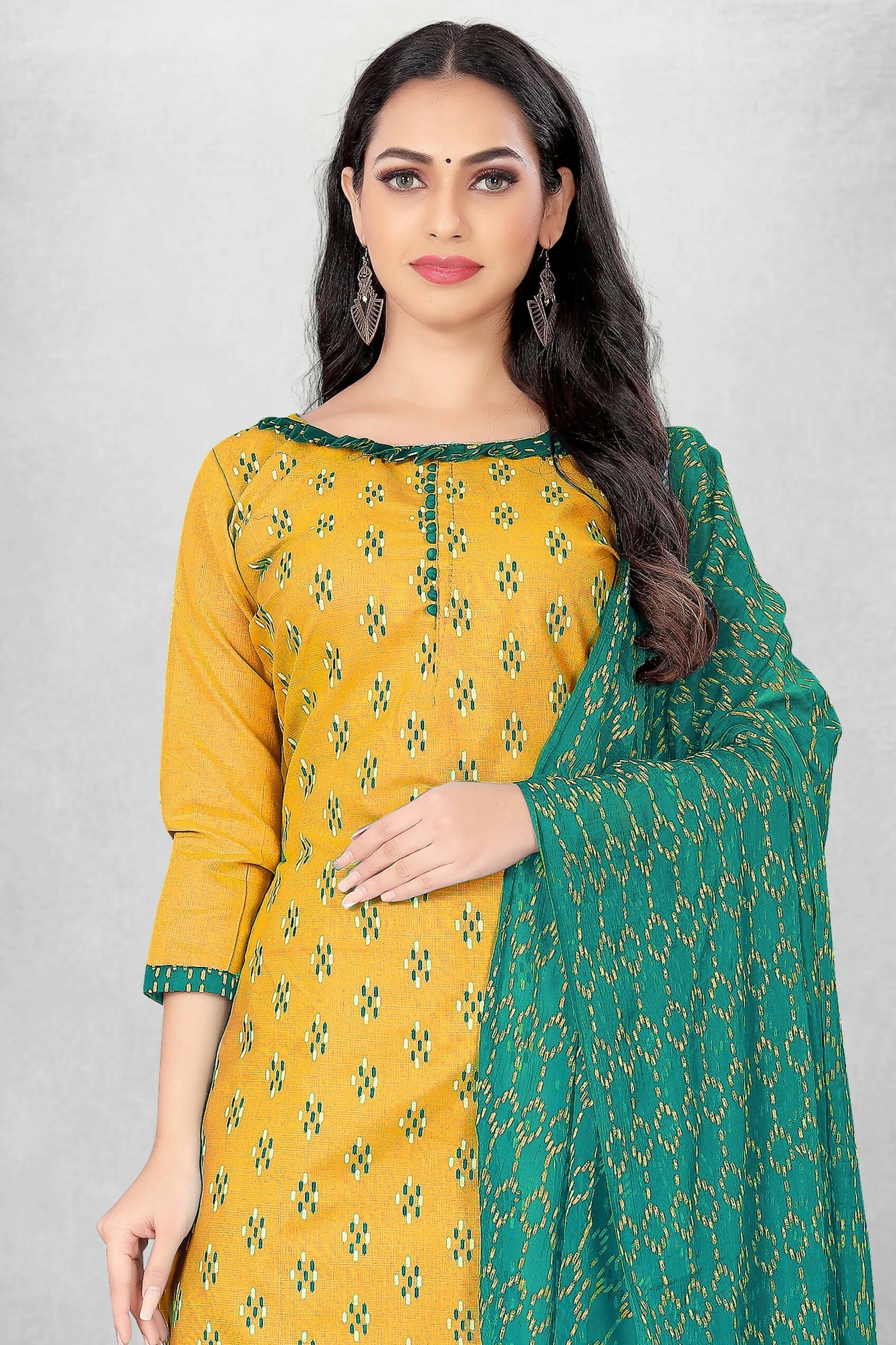 Mustard Cotton Printed Unstitched Dress Material - Amara