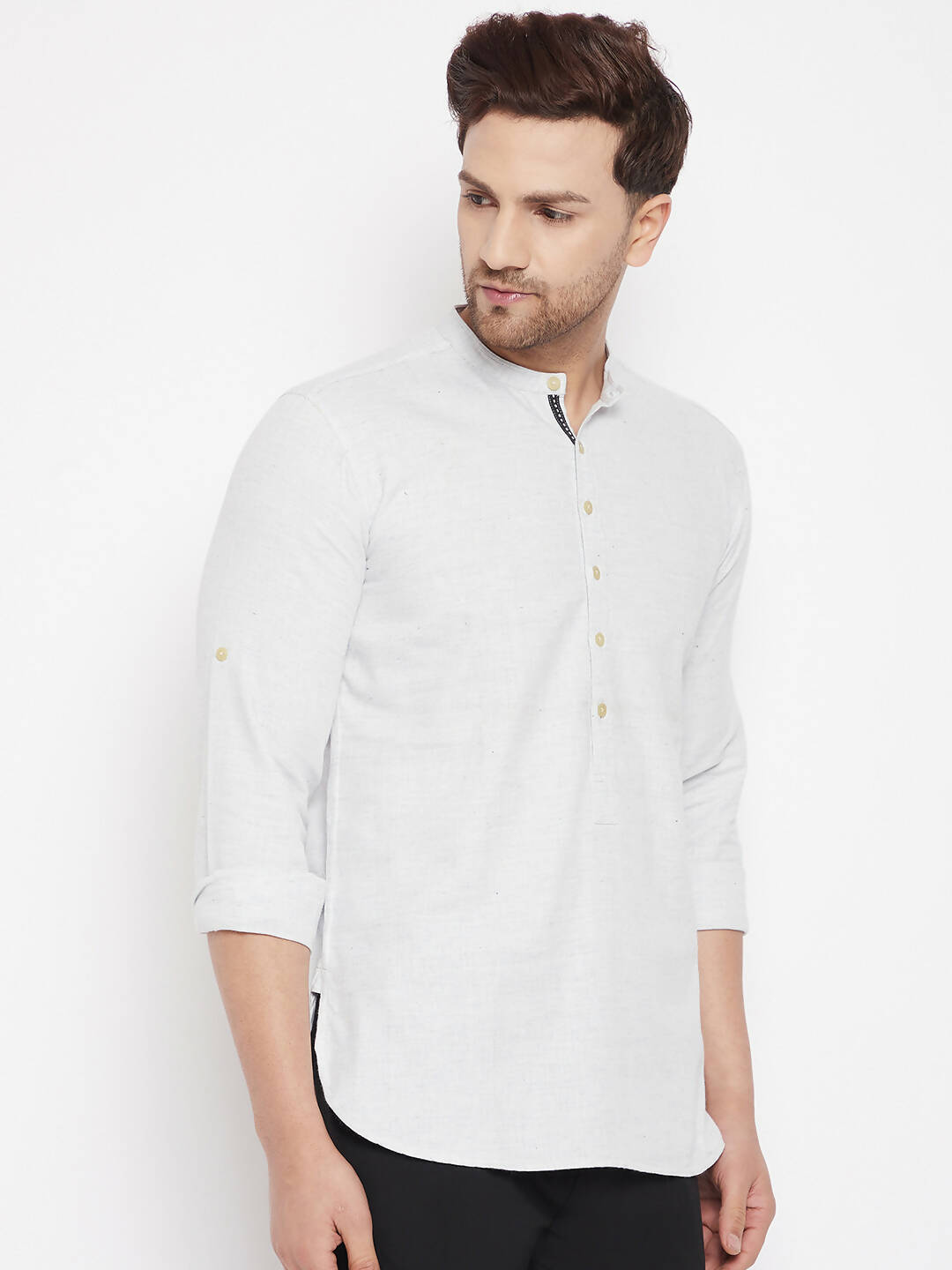 Even Apparels Cream Acrylic Short Men's Kurta With Band Collar